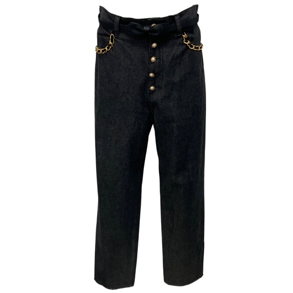 MUVEIL WASHED BLACK PEARL AND CHAIN EMBELLISHED DARK DENIM JEANS - Picture 1 of 7